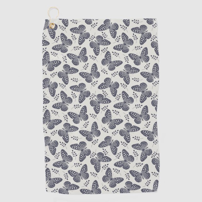 Dark blue butterfly pattern on grey background golf towel (Front)