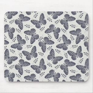 Dark blue butterfly pattern on grey background mouse mat