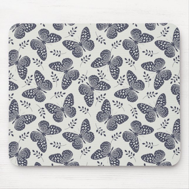 Dark blue butterfly pattern on grey background mouse mat (Front)