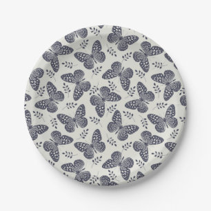 Dark blue butterfly pattern on grey background paper plate