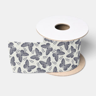 Dark blue butterfly pattern on grey background satin ribbon