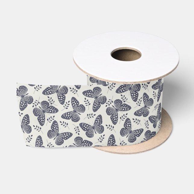 Dark blue butterfly pattern on grey background satin ribbon (Spool)