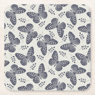 Dark blue butterfly pattern on grey background square paper coaster