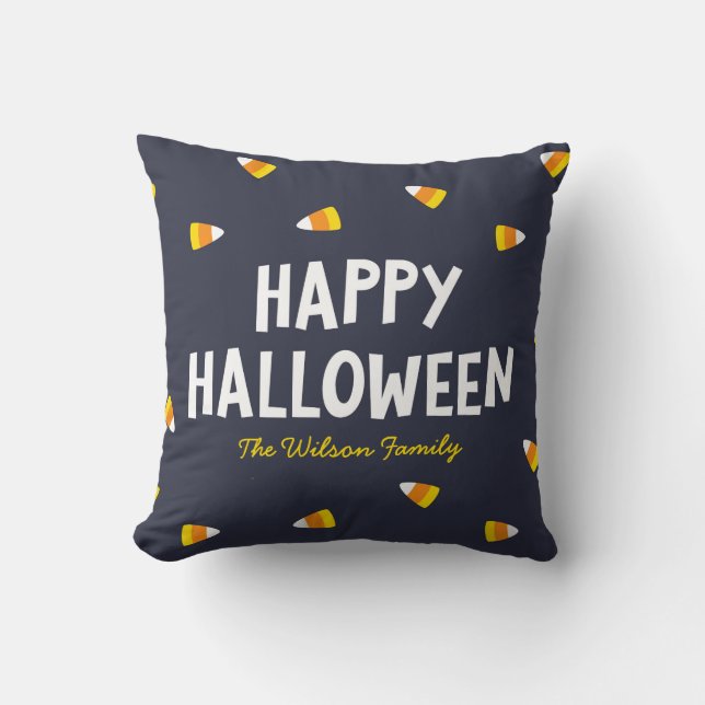 Dark Blue Candy Corn Happy Halloween Cushion (Front)