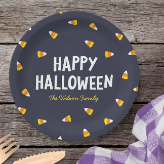 Dark Blue Candy Corn Happy Halloween Paper Plate