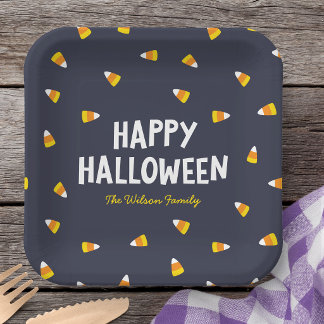Dark Blue Candy Corn Happy Halloween Paper Plate