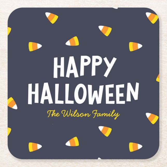 Dark Blue Candy Corn Happy Halloween Square Paper Coaster (Front)