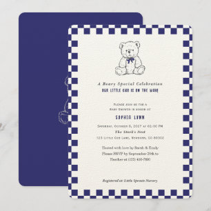 Dark Blue Checkerboard Our Little Cub Baby Shower Invitation