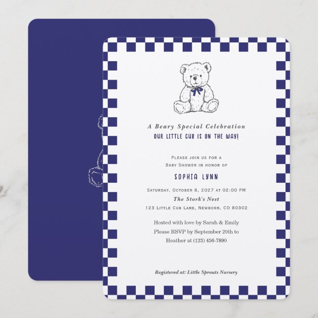 Dark Blue Chequerboard Our Little Cub Baby Shower Invitation (Front/Back)