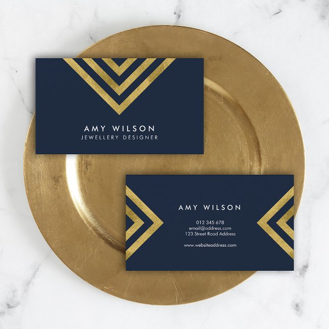 Dark Blue Chic Faux Gold Geometric Design Business Card (Creator Uploaded)