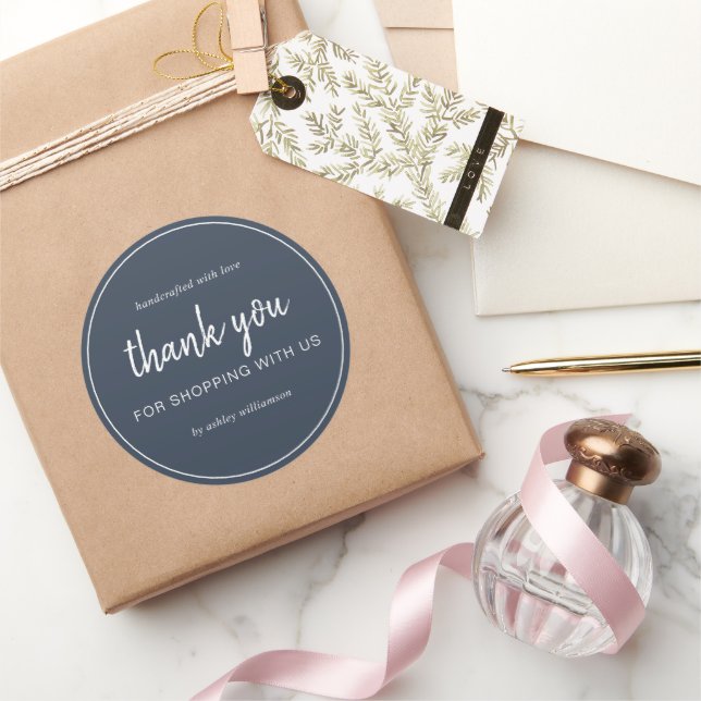 Dark Blue Chic Script Thank You For Shopping Classic Round Sticker (Gifting)