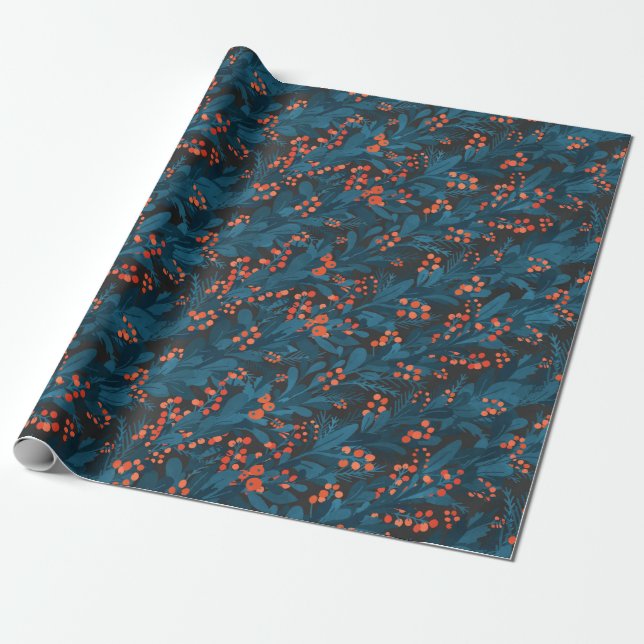 Dark Blue Christmas Garland Wrapping Paper (Unrolled)