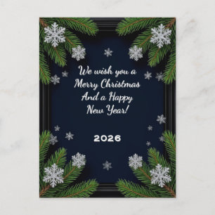 ❄️ Dark Blue Christmas Pine Frame Elegant Winter Holiday Postcard