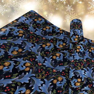 Dark Blue Christmas William Morris Inspired Wrapping Paper