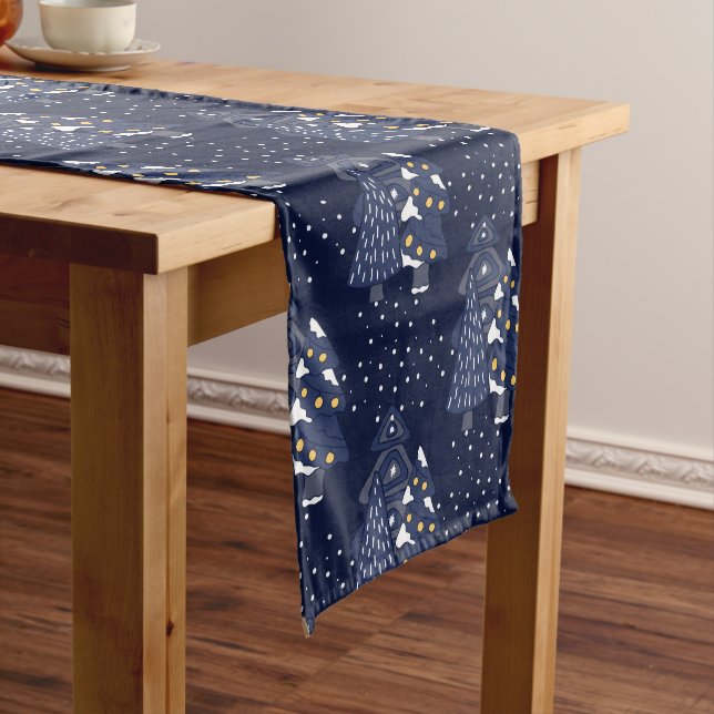 DARK BLUE CHRISTMAS WINTER FOREST MONOGRAM MEDIUM TABLE RUNNER (In Situ)