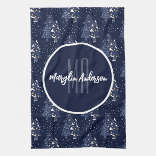 DARK BLUE CHRISTMAS WINTER FOREST MONOGRAM TEA TOWEL