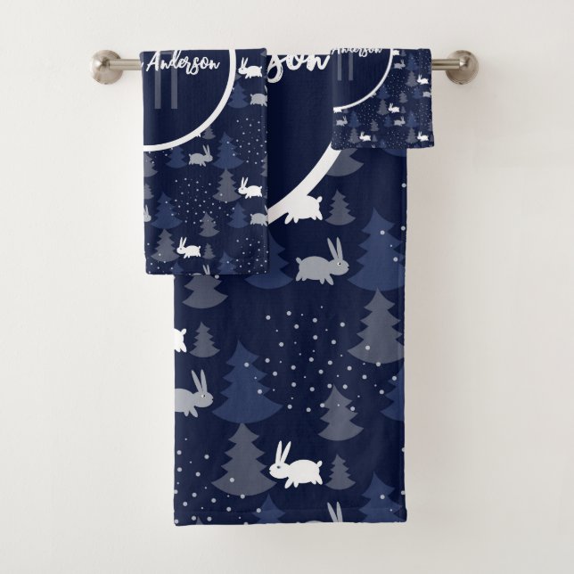 DARK BLUE CHRISTMAS WINTER TREES AND BUNNIES BATH TOWEL SET (Insitu)