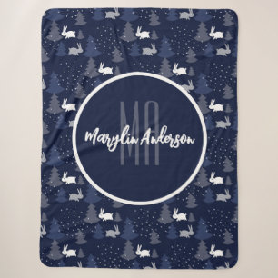 DARK BLUE CHRISTMAS WINTER TREES AND BUNNIES SHERPA BLANKET