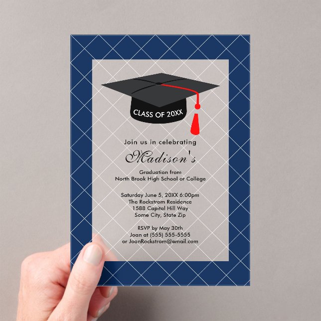 Dark Blue Class of 20XX Graduation Party Acrylic Invitations (Insitu (Handheld))