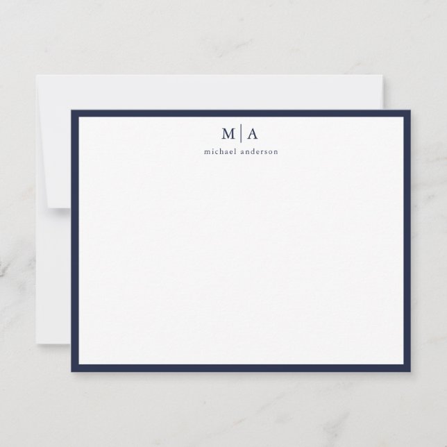 Dark Blue Classic Border Monogram Correspondence Card (Front)