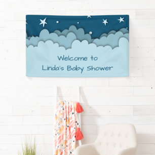 Dark Blue Cloudy Night Stars Welcome Baby Shower B Banner