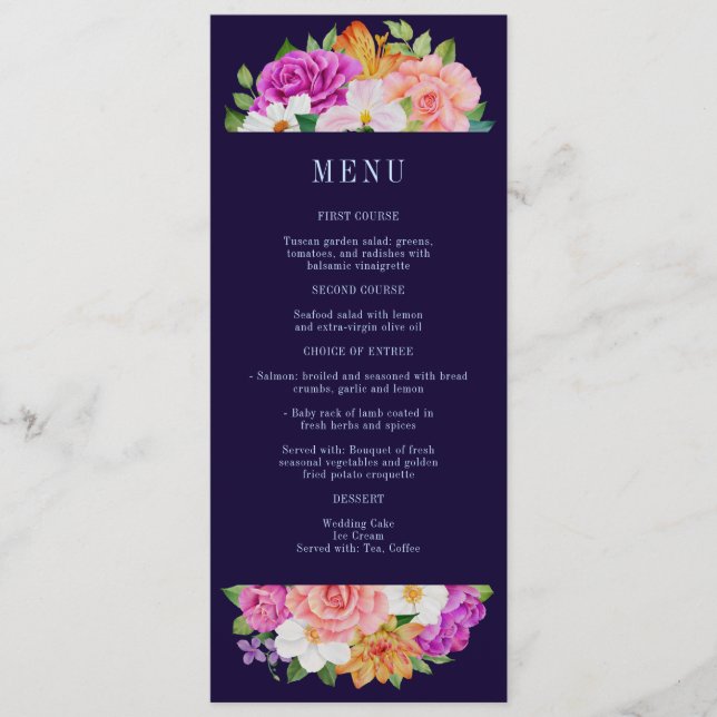 Dark Blue Colourful Bouquets Floral Modern Wedding Menu (Front)