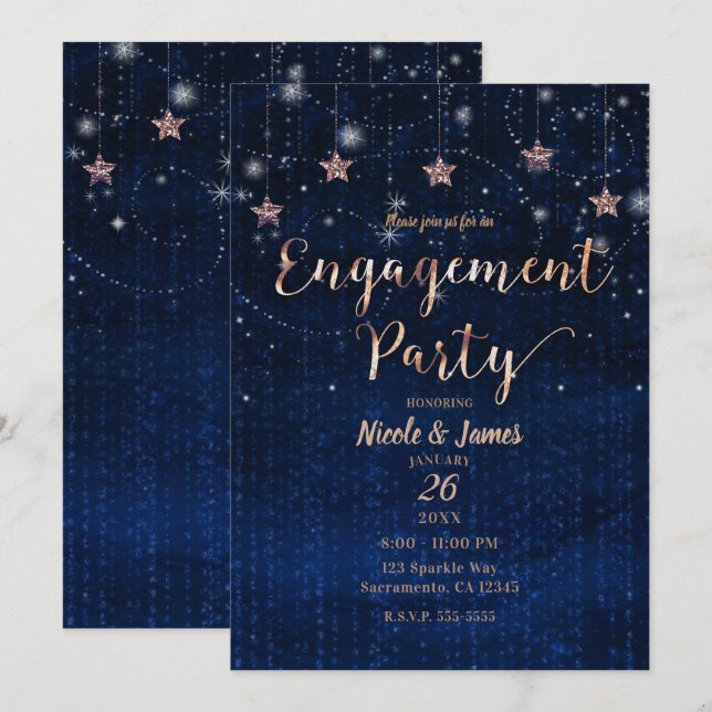 Dark Blue & Copper Bronze Starry Night Engagement Invitation (Front/Back)