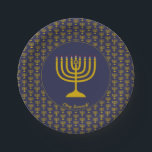 Dark Blue  Customisable | Hanukkah | MENORAH Paper Plate<br><div class="desc">Elegant dark blue MENORAH Paper Plates, showing with faux gold grey menorah in a tiled pattern. At the centre, there is an image of a large menorah which is CUSTOMIZABLE, so you can upload your own image. Underneath, the text reads CHAG SAMEACH. This is also customisable so you can add...</div>