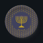 Dark Blue Customisable | Hanukkah | MENORAH Paper Plate<br><div class="desc">Elegant dark blue MENORAH Paper Plates, showing with faux gold grey menorah in a tiled pattern. At the centre, there is an image of a large menorah which is CUSTOMIZABLE, so you can upload your own image. Underneath, the text reads CHAG SAMEACH. This is also customisable so you can add...</div>