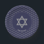 Dark Blue Customisable STAR OF DAVID Paper Plate<br><div class="desc">Elegant dark blue STAR OF DAVID Paper Plates, showing with faux silver Magen David in a tiled pattern. At the centre, there is an image of a larger Star of David, which is CUSTOMIZABLE, so you can upload your own image. Underneath, the text reads CHAG SAMEACH. This is also customisable...</div>