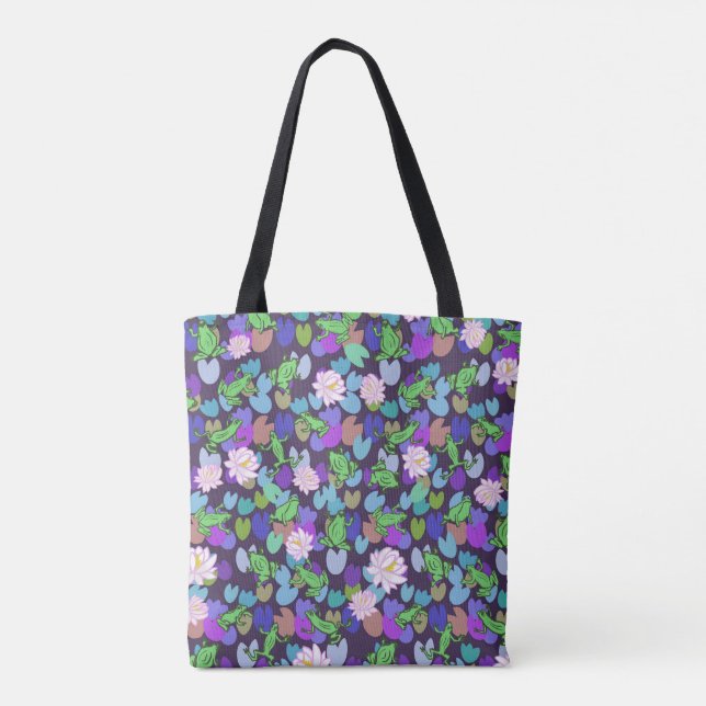 Dark Blue Cute Frog Art And Waterlilies Tote Bag (Back)