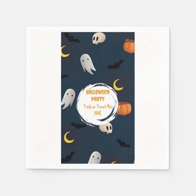 Dark Blue Cute Pumpkin Ghost Moon Halloween  Napkin (Front)