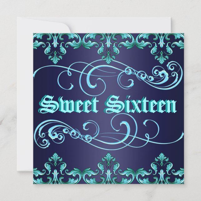 Dark Blue Damask Print Sweet 16 Birthday Invite (Front)