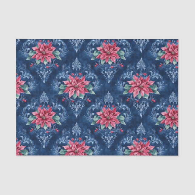 Dark Blue Damask with Red Poinsettia Flowers Tissue Paper (Front)