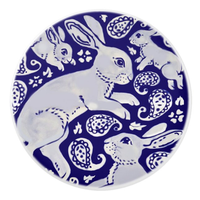 Dark Blue Dancing Rabbits Whimsical Paisley Bunny Ceramic Knob (Front)