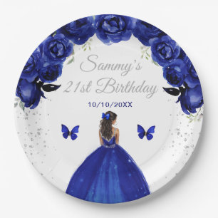 Dark Blue Dark Skin Princess Birthday Party Paper Plate