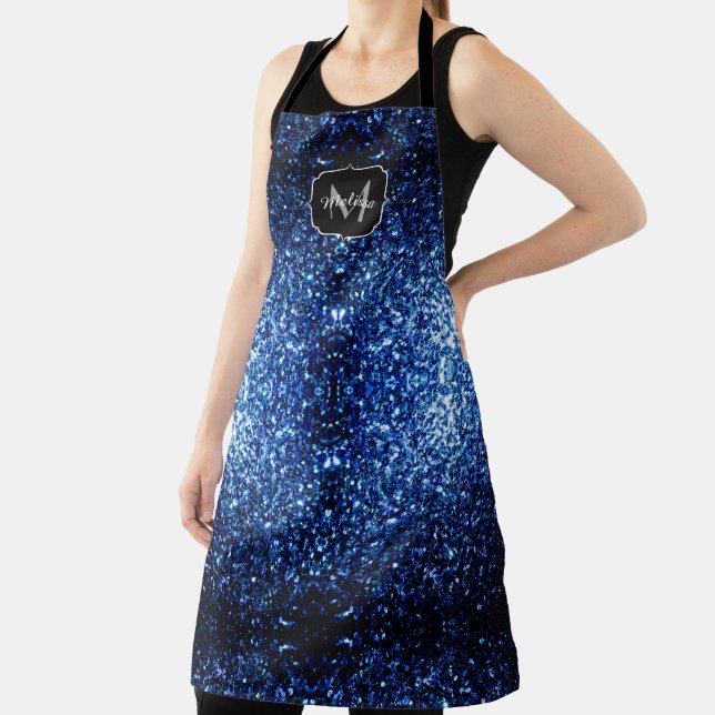 Dark Blue deep shiny faux glitter sparkle Monogram Apron (Insitu)