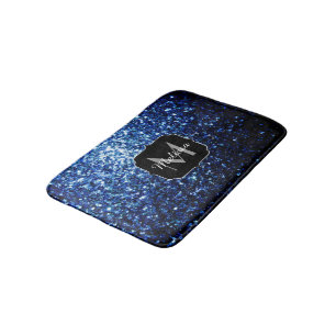 Dark Blue deep shiny faux glitter sparkle Monogram Bath Mat
