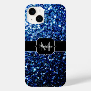 Dark Blue deep shiny faux glitter sparkle Monogram Case-Mate iPhone 14 Case