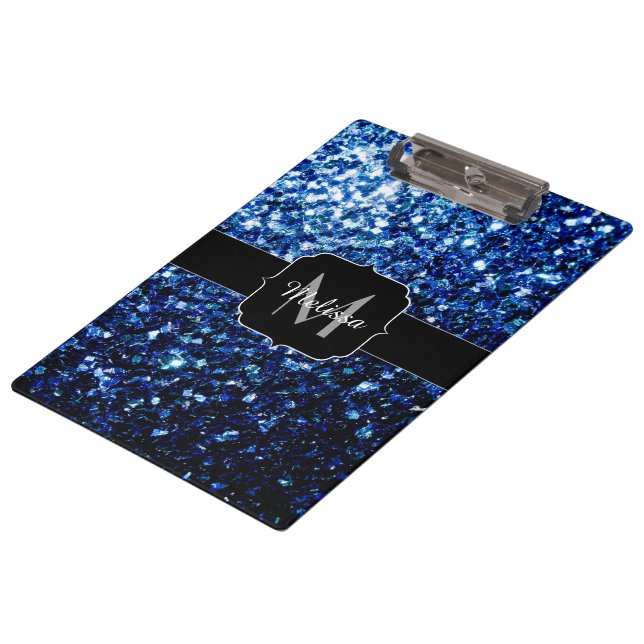 Dark Blue deep shiny faux glitter sparkle Monogram Clipboard (Angled)