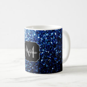 Dark Blue deep shiny faux glitter sparkle Monogram Coffee Mug