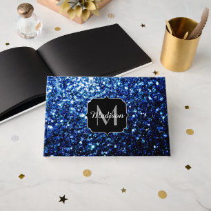 Dark Blue deep shiny faux glitter sparkle Monogram Guest Book