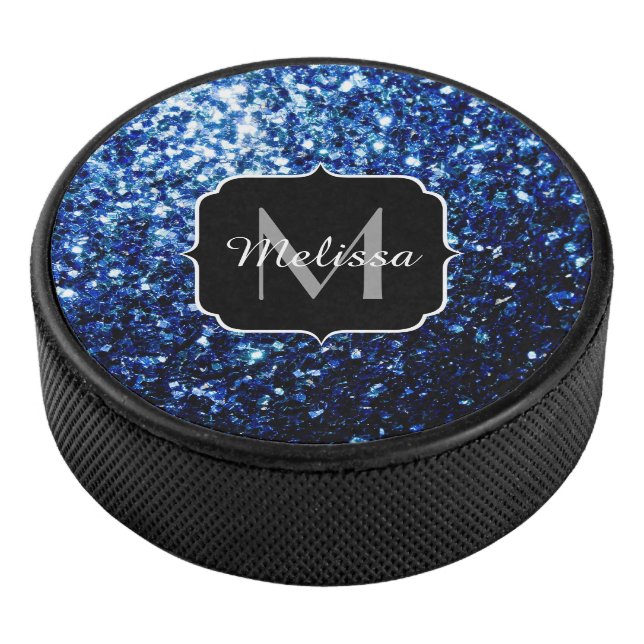 Dark Blue deep shiny faux glitter sparkle Monogram Hockey Puck (3/4)