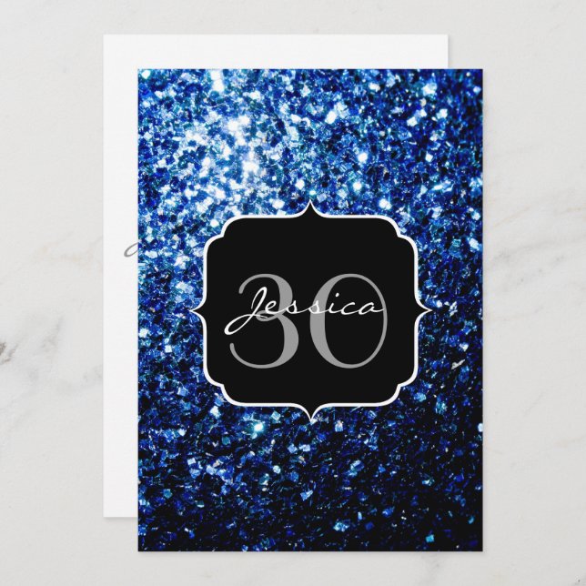 Dark Blue deep shiny faux glitter sparkle Monogram Invitation (Front/Back)