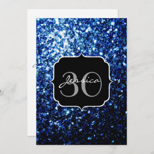 Dark Blue deep shiny faux glitter sparkle Monogram Invitation