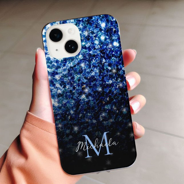 Dark Blue deep shiny faux glitter sparkle Monogram iPhone 15 Case (Sparkle up and protect your phone with trendy faux sparkles phone case. In many different colors.)