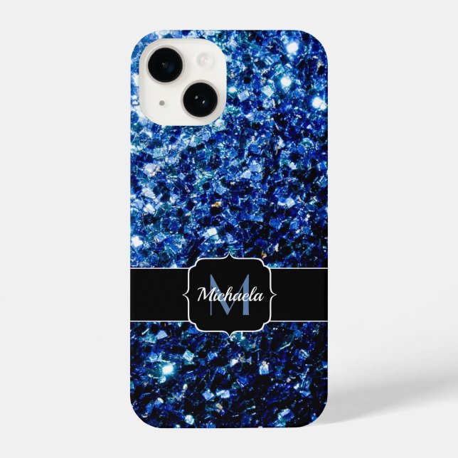 Dark Blue deep shiny faux glitter sparkle Monogram iPhone Case (Back)