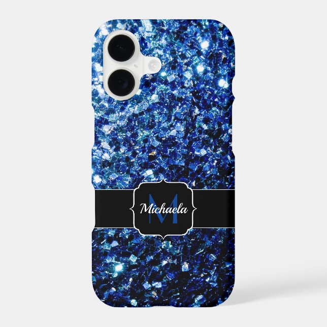 Dark Blue deep shiny faux glitter sparkle Monogram iPhone Case (Back)