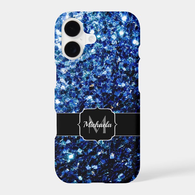 Dark Blue deep shiny faux glitter sparkle Monogram iPhone Case (Back)