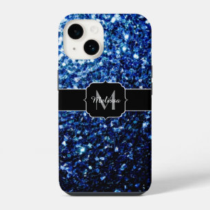 Dark Blue deep shiny faux glitter sparkle Monogram iPhone 14 Case